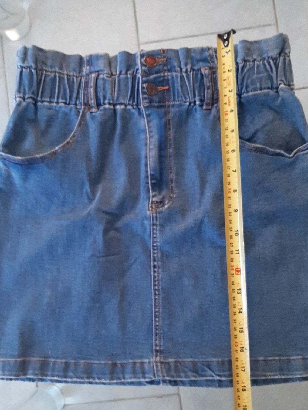 Dex💙Blue Denim Mini Skirt Elastic Waist Zipper+2 Buttons Front Pockets Sz 31 - Picture 6 of 8